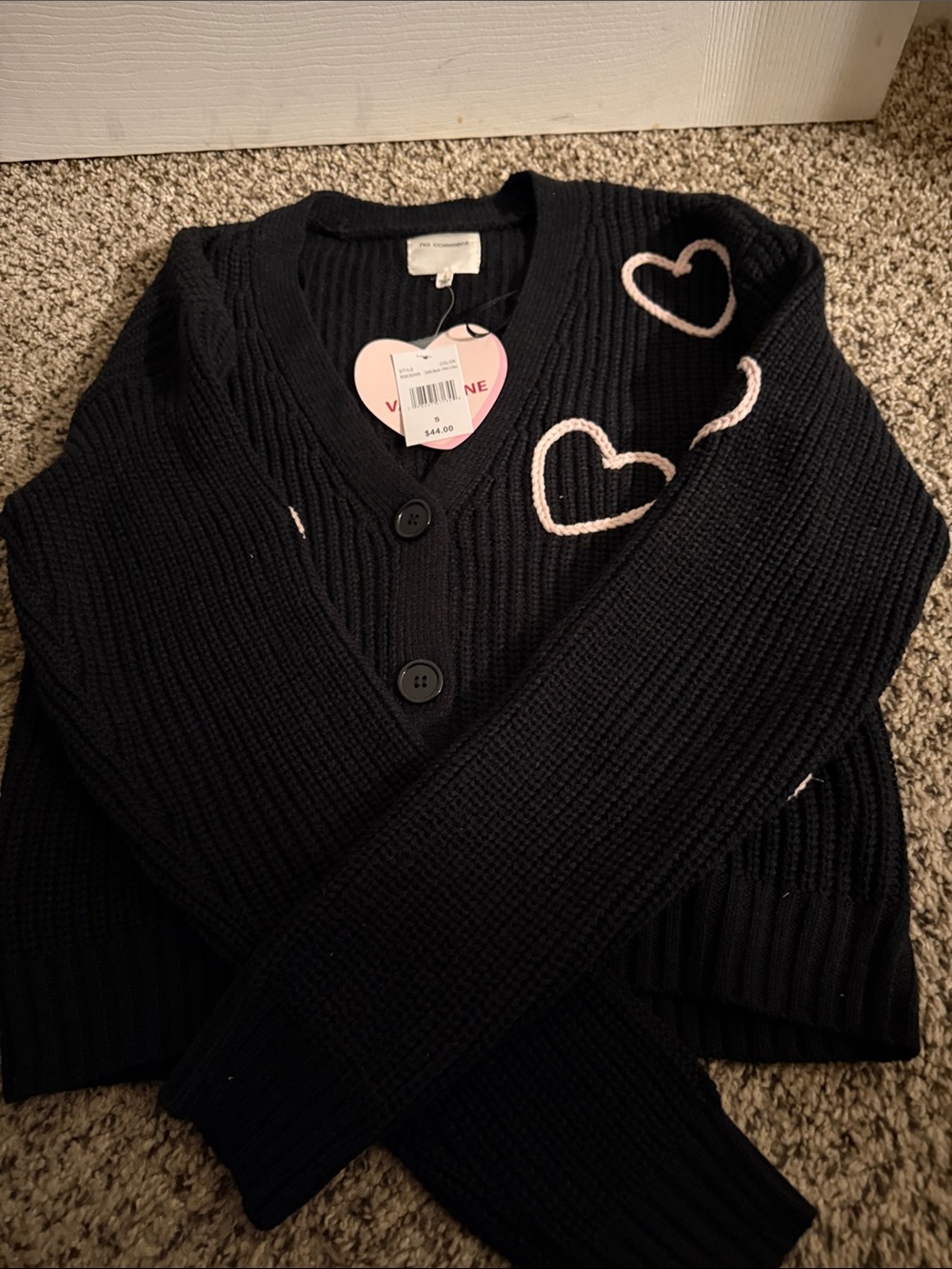 No Comment Heart Embroidered Chunky Knit Cardigan NWT Black Size Small